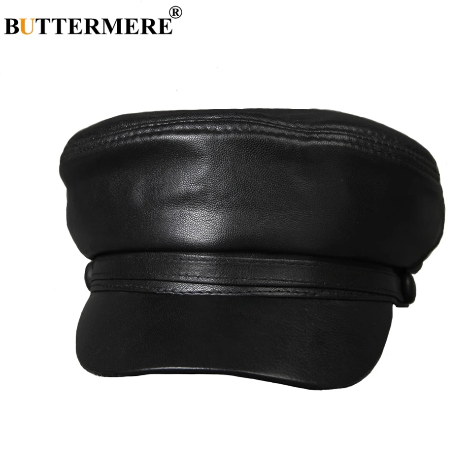  BUTTERMERE Leather Military Caps For Men Black Casual Flat Caps Army Women Genuine Leather Vintage 
