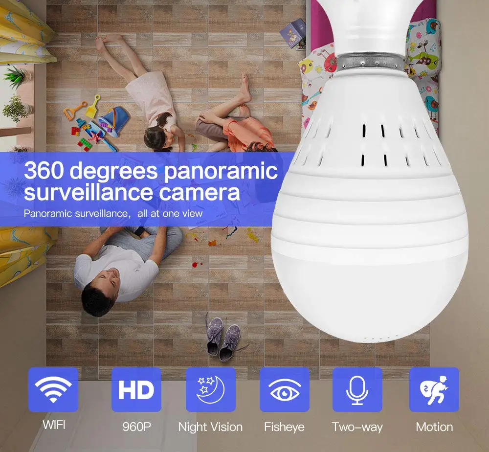 Беспроводная Wi-Fi 360 видеокамера 960P рыбий глаз лампа светильник панорамный Full HD Обнаружение движения для домашней камеры безопасности