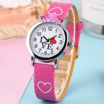 

Special "Love" Pattern Dial Watch for Kids Quartz Arabic Number Leather Strap Wrist Watches Gift for Girls