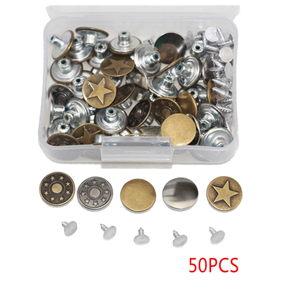 

50Pcs/Set 10MM Metal Buttons High Quality Bronze Tone Jean Buttons Mixed Styles Button DIY Clothing Accessories