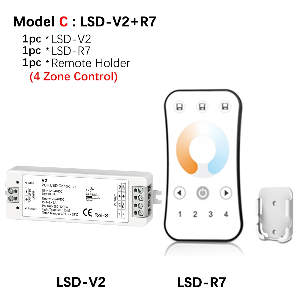 Lisxchda теплый белый свет/холодный белый двойной Цвет Светодиодные ленты 4-Зона CCT DC12V 24V 10A 2,4G RF Беспроводной с Wi-Fi и дистанционным управлением Совместимость - Цвет: Model C