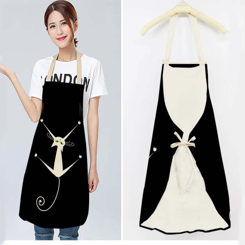 1 Pcs Cartoon Black Cat Pattern Kitchen Aprons for Woman Cotton Linen Sleeveless Apron Home Cooking Baking Bibs Cleaning Tools