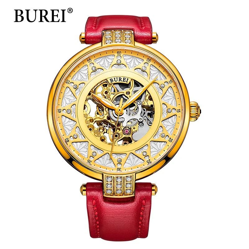 Prix pour 2017 Nouveau BUREI Squelette Mouvement Rose D'or Cadran Saphir Lentille Automatique Montre-Bracelet Pour Les Femmes Avec Blanc Bracelet En Cuir Prix pour 2017 Nouveau BUREI Squelette Mouvement Rose D'or Cadran Saphir Lentille Automatique Montre-Bracelet Pour Les Femmes Avec Blanc Bracelet En Cuir