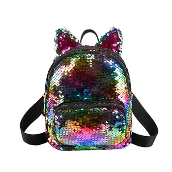 

Woman Backpack Chains Contrast Color Shoulder Bags Sequins Shining Backpacks Cat Ears Cute Mini Travel Bags Rucksack *
