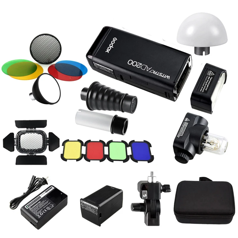

Godox AD200 200Ws 2.4G TTL Pocket Speedlite Flash HSS Strobe Dual Light Head + Battery + Refector Color Filter Snoot Diffuser