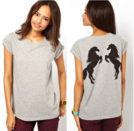 New 2015 Summer Shirt Women Short Sleeve O Neck T Shirts Back standing Pair Horses Pattern Tops Casual Clothes In Stock | Женская одежда
