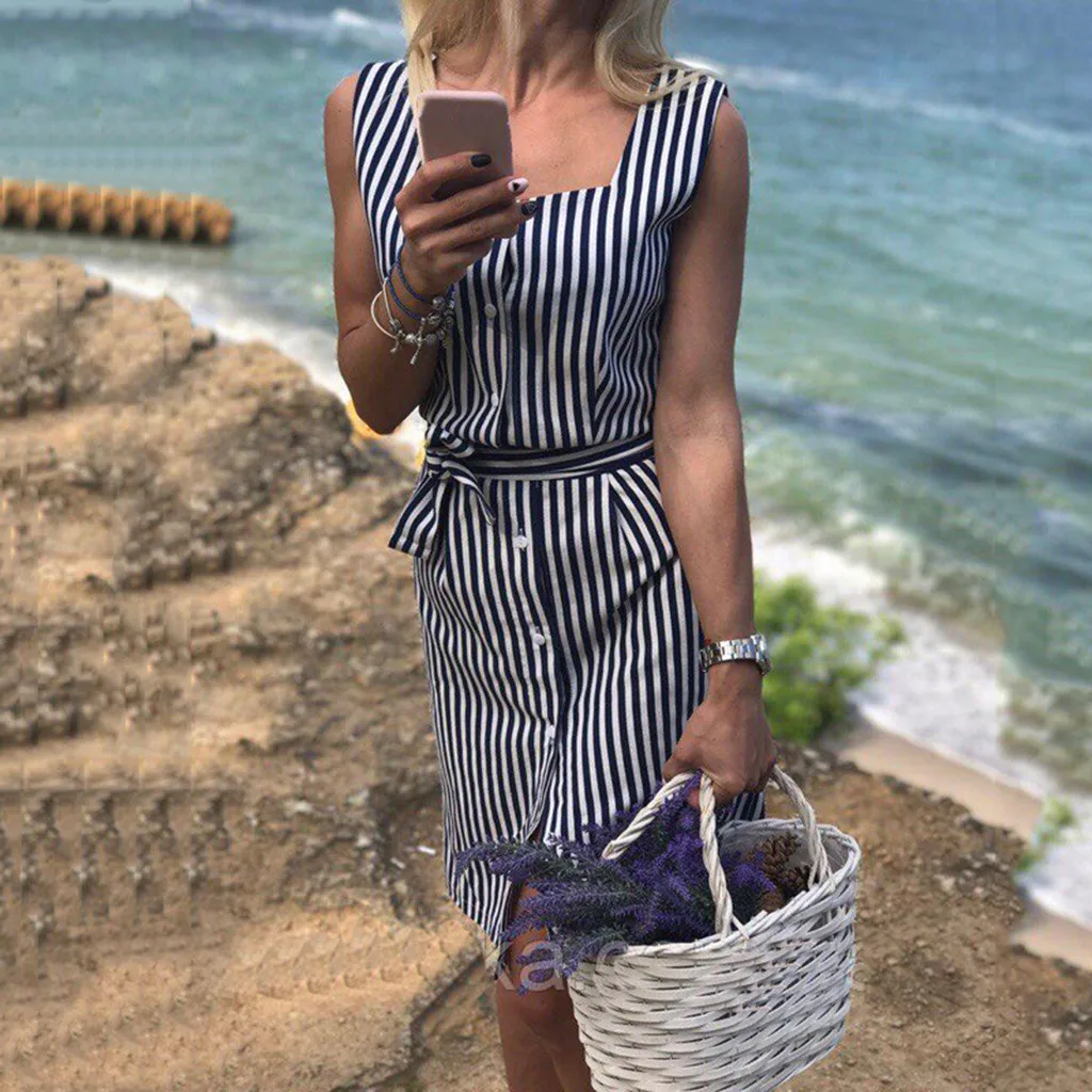 

Vintage stripes women midi dress Bow tie button blue elegant summer dress 2019 Casual square neck fashion female beach vestidos