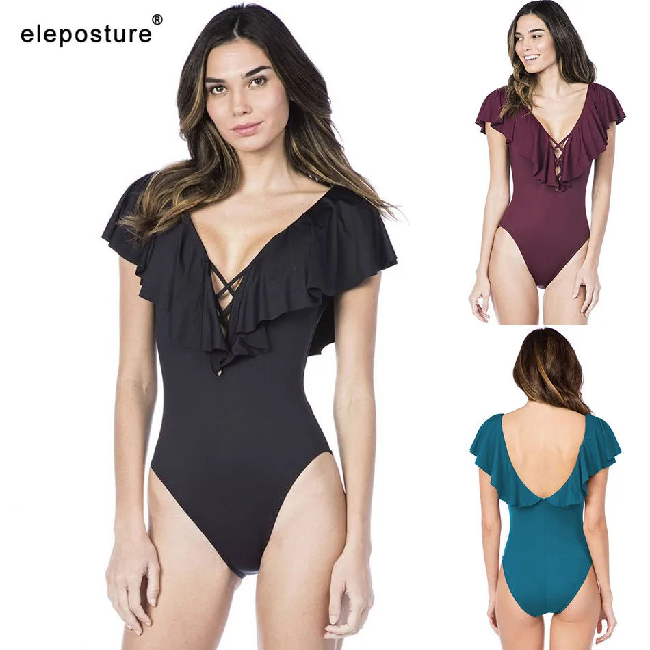 

2019 Sexy Ruffle One Piece Swimsuit Plus Size Swimwear Women Bodysuit Monokini Bathing Suits Summer Beach Wear Swimming Suit XXL