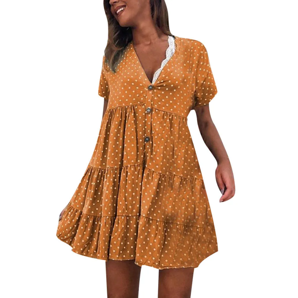 

Yellow Blue Polka Dot Vintage Dress Summer Women Floral Print Sleeve Retro Short-Sleeved Rockabilly Dresses Party Jurkjes #T10G