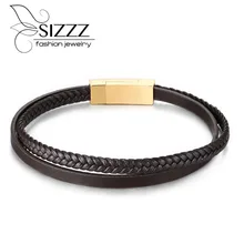SIZZZ модные ювелирные изделия 20,5 см из нержавеющей стали ультратонкая кожаная Ручная Веревка коричневый+ золотой браслет для женщин