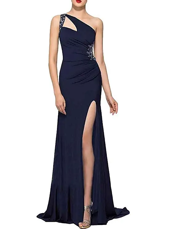 

2019 Custom Made Beaded One Shoulder Prom Dresses Slit Open Back Formal Evening Gowns Abiye Gece Elbisesi