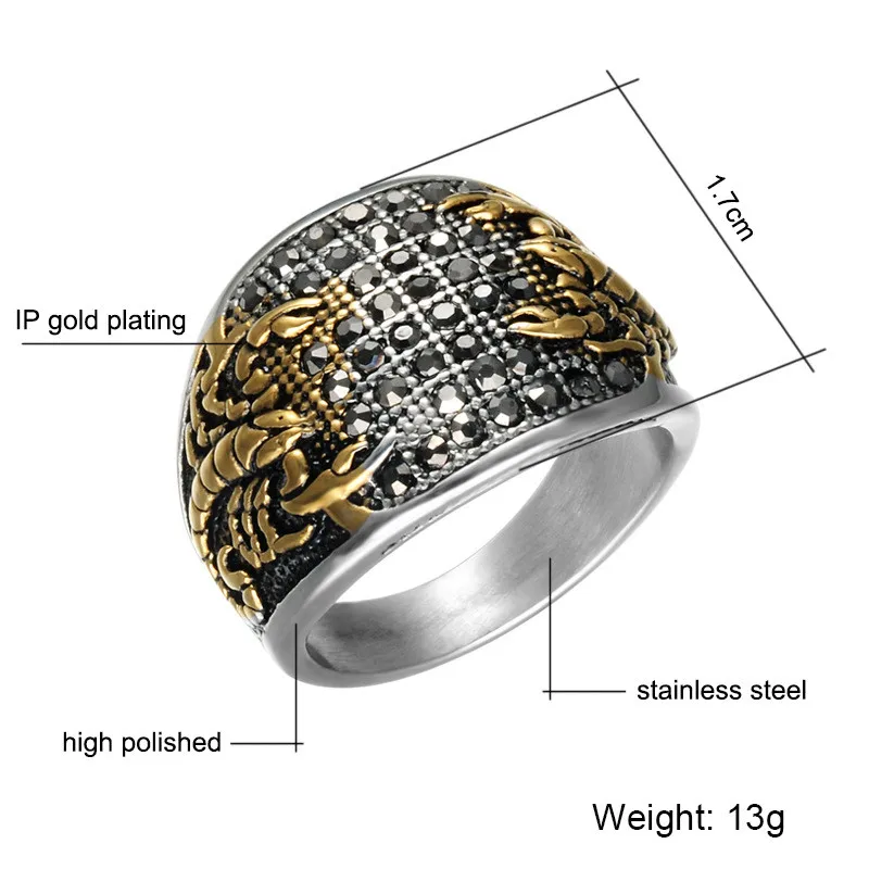 Панк Винтаж черный кристалл скорпион узор для мужчин s кольцо золото цвет круглый нержавеющая сталь титан кольца для мужчин ювелирные изделия