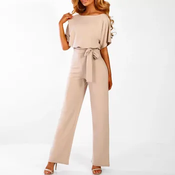 

Women Cotton Bandage Jumpsuit Summer Fashion 2020 Short Sleeve Playsuits Clubwear Straight Leg With Belt Overalls Bodycon #j4s