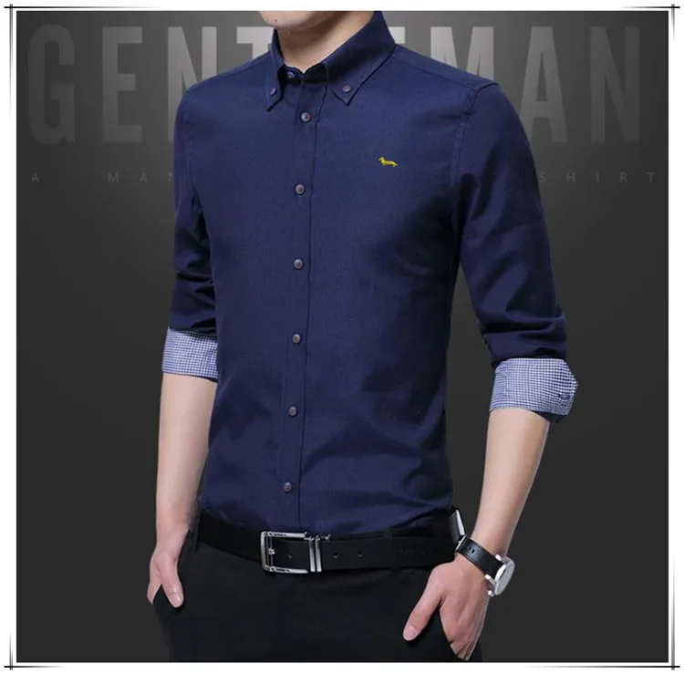 Новая весенняя мужская деловая блуза с длинным рукавом, хлопок, отложной воротник, Блейн, блузки с вышивкой, облегающие рубашки - Цвет: navyblue