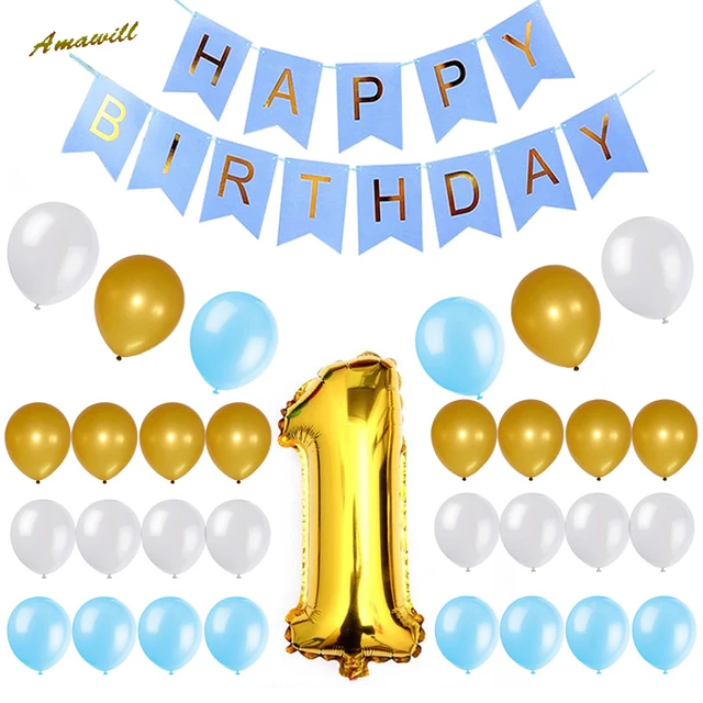 Amawill 1st Birthday Party Decorations Set For Boys Blue Happy