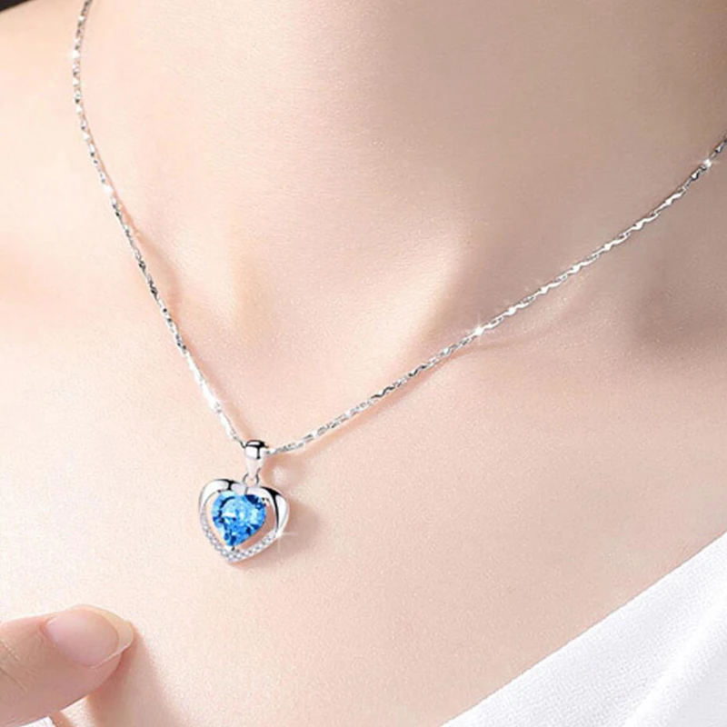 KOFSAC, Новая мода 925, серебряное ожерелье для женщин, свадебное очарование, синий кристалл, любовь, сердце, подвеска, ожерелье для девушек, Помолвочное ювелирное изделие