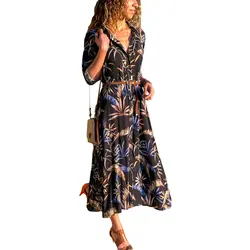 Для женщин модная одежда с длинными рукавами с лацканами Boho Цветочный принт платье Макси Дамы Повседневное праздник длинные кнопки разрез