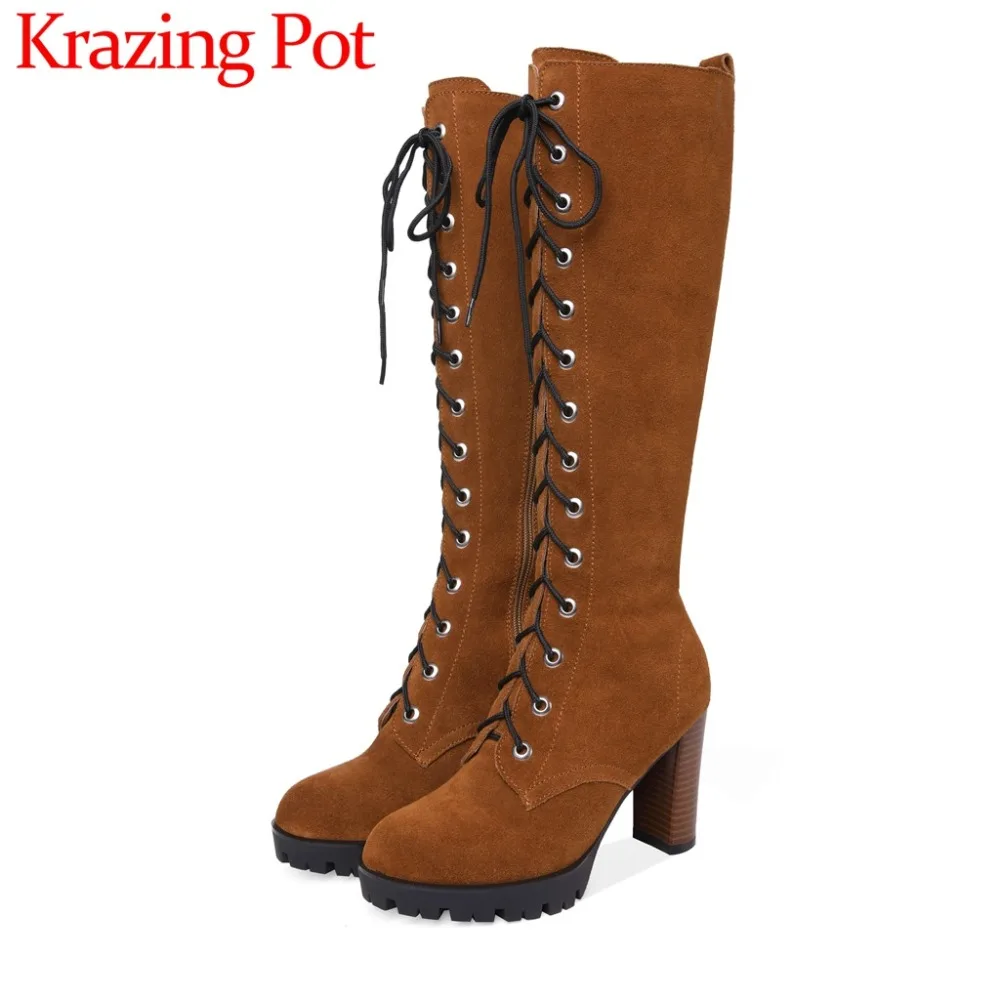 

2018 New Arrival Cow Leather Round Toe Super High Heels Zip Leisure Streetwear Weatern Boots Fashion Woman Knee-High Boots L60
