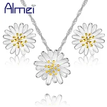 Almei 두바이 꽃 보석 여자를위한 설정 어린이 실버 컬러 데이지 펜던트 목걸이 귀걸이 의상 세트 귀여운 액세서리 dml01(China)