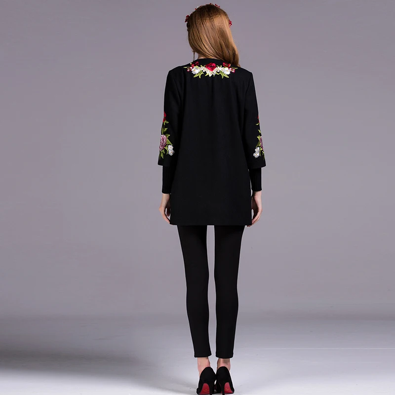 Fashion Coats 2018 New Autumn Winter 3/4 Sleeve Covered Button Flower Embroidery Women High Quality Casual Black Coat