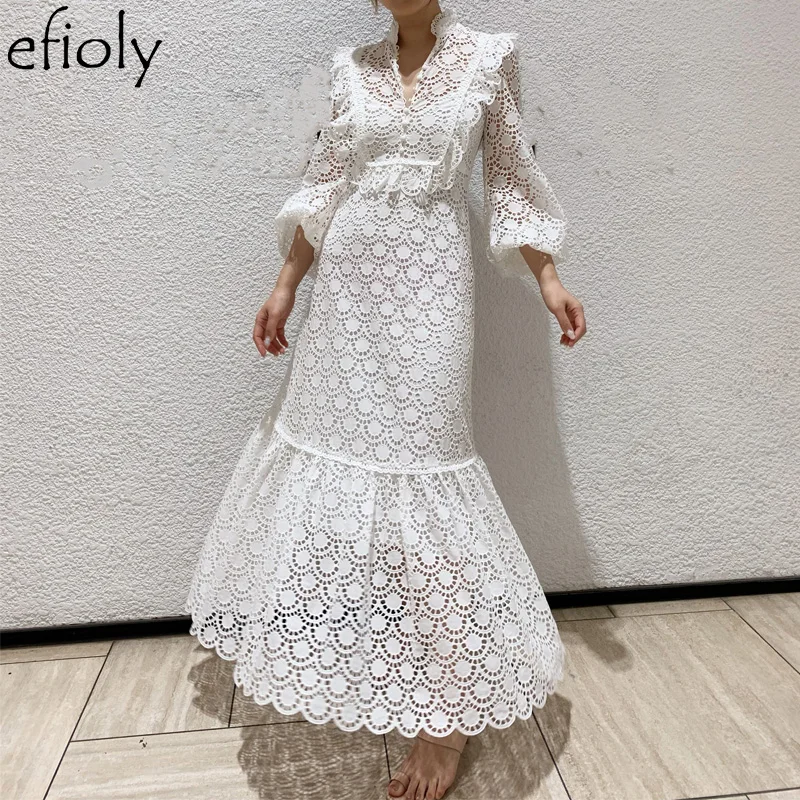 

EFIOLY 2019 High Quality Runway Dress Ruffled White Openwork Long Dress Female Holiday Party Dress Long Sleeve 100% Cotton Dress