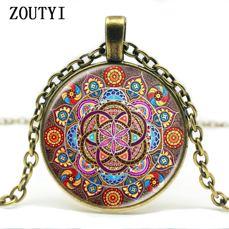 Mens necklace New Gift Necklace Henna Mandala Flower Necklace Om Symbol Zen Buddhism Glass Inlay Pendant Necklace