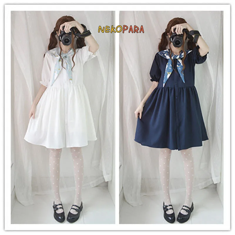 

Cute Goose Collar Tie Women's Summer Short Sleeves Dress Sailor Style Dress One Piece Color Navy Blue & White