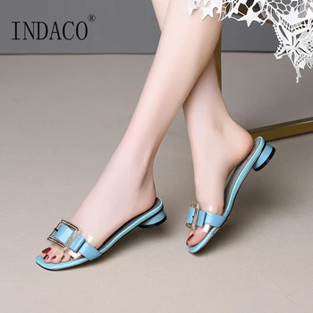 

2019 Women Leather Flat Slippers Blue Outside Slides Fashion Comfortable Footwear 2cm
