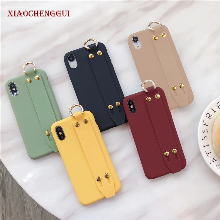 

For iPhone 6 6S 7 8 Plus Simple Candy Color Wrist Strap Hand Band Holder Soft Silicone Case For iPhone X XR XS MAX Plain Cover