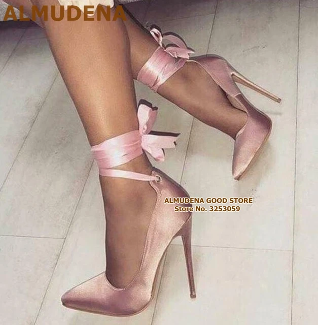 ALMUDENA – escarpins en Satin rose pour femmes, chaussures de mariage élégantes, avec ruban à lacets et talons aiguilles, à bout pointu