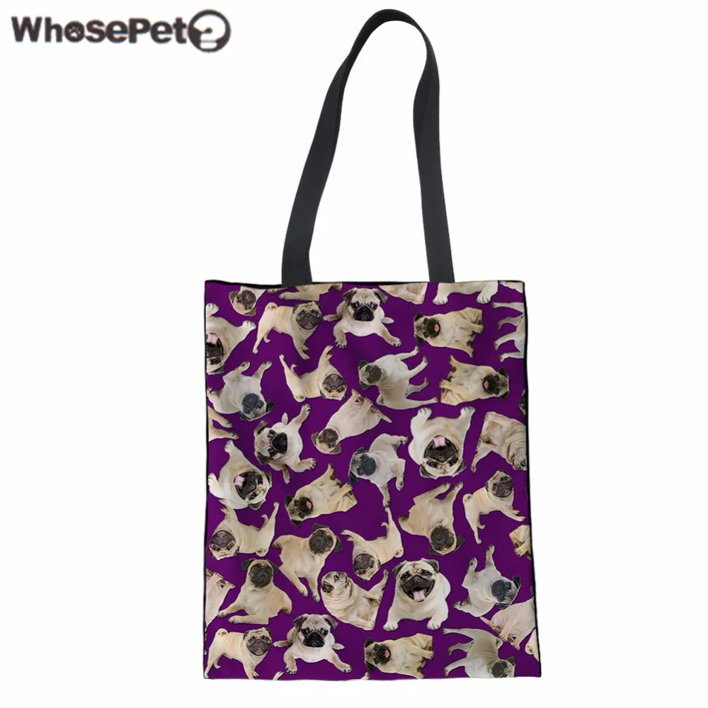 

WHOSEPET Women Shoulder Bag Pug Dog Print Canvas Tote Bag Teenager Girls Daily Large Handbag Fashion Beach Bag Female Mochila