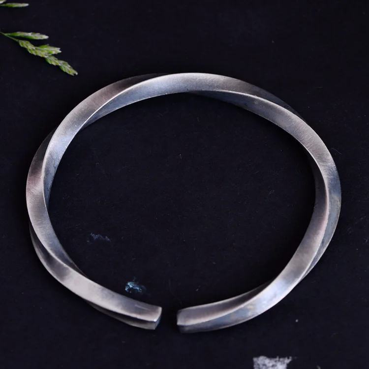 

S999 Silver Open Bagnle Bracelet Adjustable Bracelet Retro Vintage Silver Hemp Bracelet & Bangle
