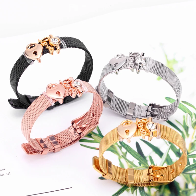 

Mcllroy Fashion Bracelets For Women Stainless Steel Mesh Bracelet Set Gold Crystal Heart Charm Fine Men Bracelet Bangle Female
