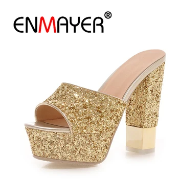 

ENMAYER Cool Spring and Summer Women's Heeled Fashion Sandal With Bling Golden Gray Slip On Woman Casual Shoes For Ladies WHY24