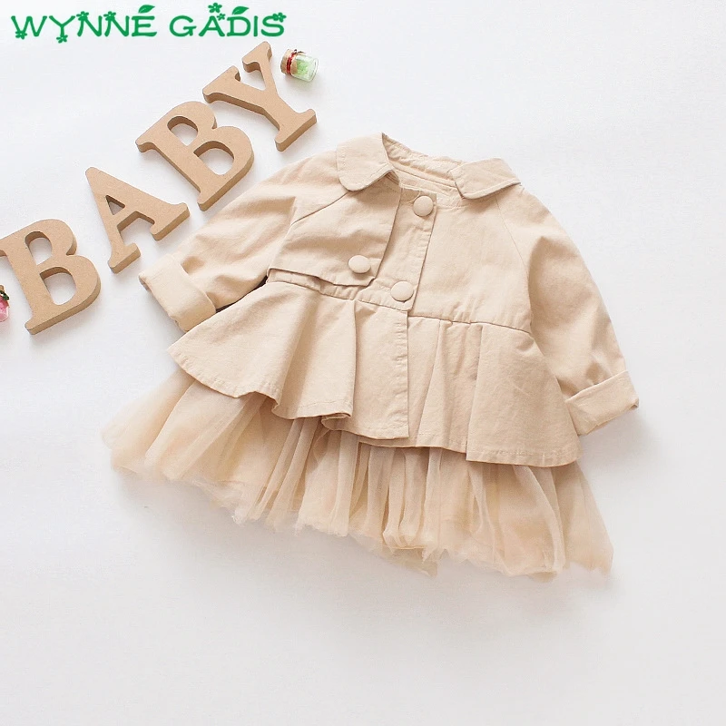 

Autumn Baby Girls Solid Long Sleeve Lapel Collar Mesh Princess Trench Jacket Coat Children Kids Outerwear casaco roupas de bebe
