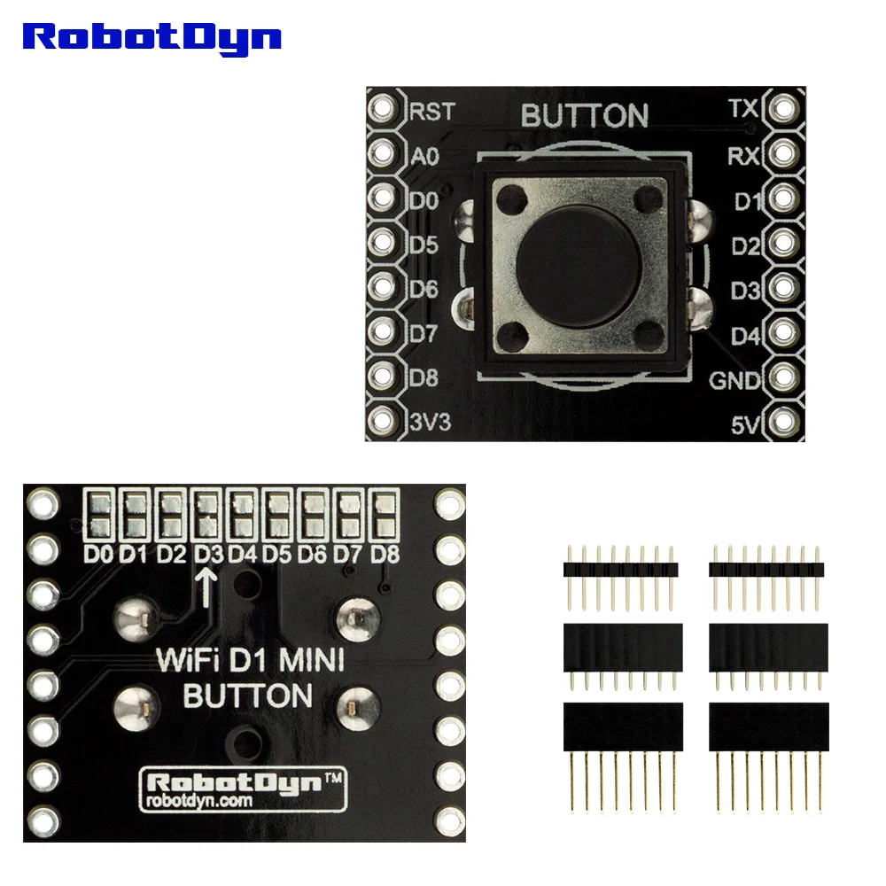 

Button Shield for WIFI D1 mini, with pin-headers set. With change of I/O connection.