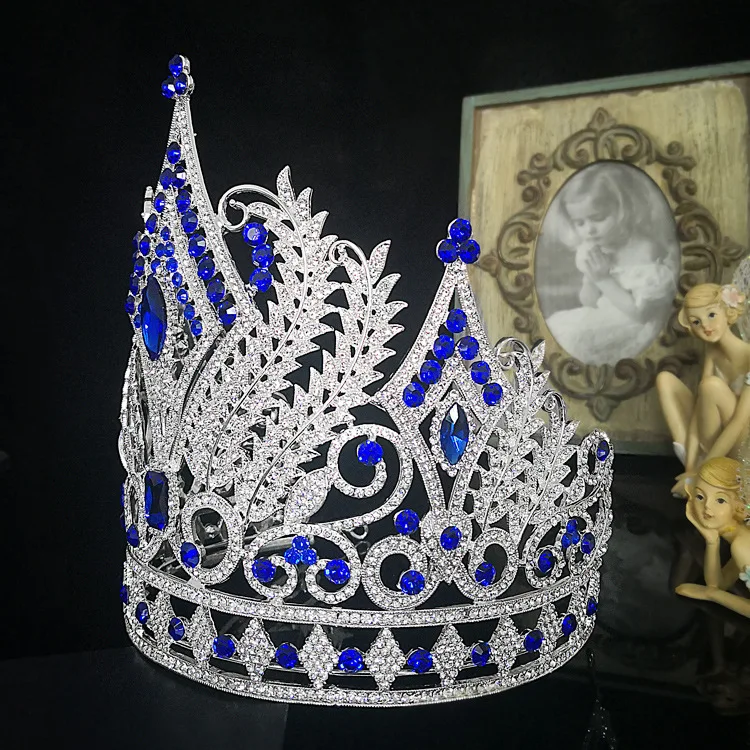 Роскошная большая европейская Корона, пышные великолепные синие хрустальные стразы, королевская тиара, Свадебные вечерние аксессуары для волос b692