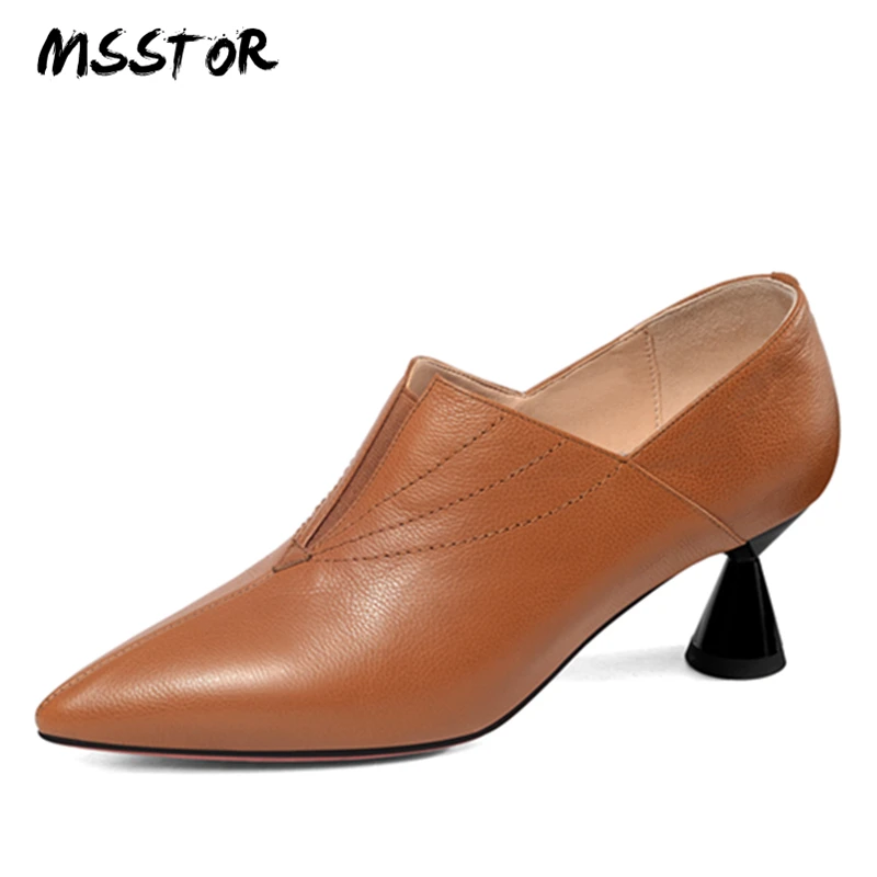

MSSTOR Strange Style Brown High Heels Plus Size 33-43 Pointed Toe Genuine Leather Concise Nude Heels Fashion Pumps Shoes Women