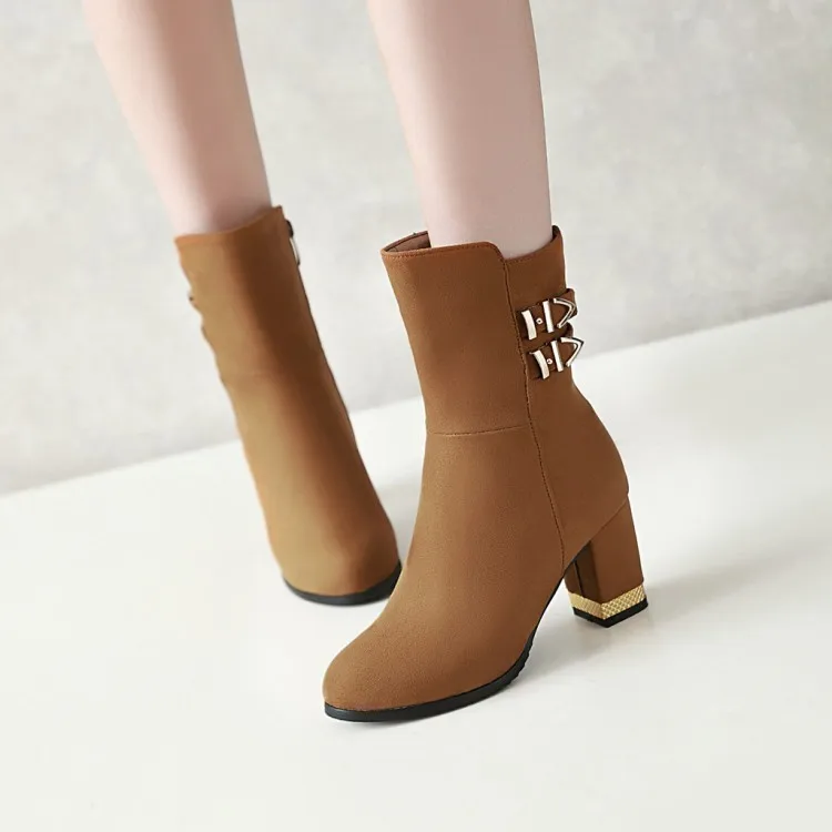 

Big Size 11 12 13 Ladies round head thick high heel fashionable casual versatile warm buckle side zipper ankle boots