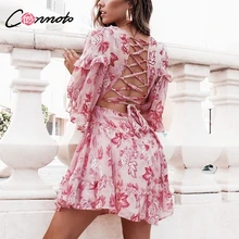 Conmoto Curto Sexy Lace Up Vestido de Praia Boêmio Mulheres Vestidos Ver Através de Festa Vestido Pescoço V Vestido Plissado Ocasional Outono inverno