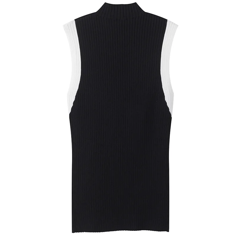 

Women Tank Tops Rib Knitted Elegant White Patchwork Vest Good Elastic Summer Runway Design Slim Sleeveless Pullovers Tops Casual