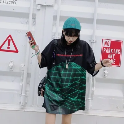 

Hip-hop Street Colour Geometry Splash Ink Letter Printing Five-Sleeve Loose Overize Mid-Long T-shirt Bf Tide tee