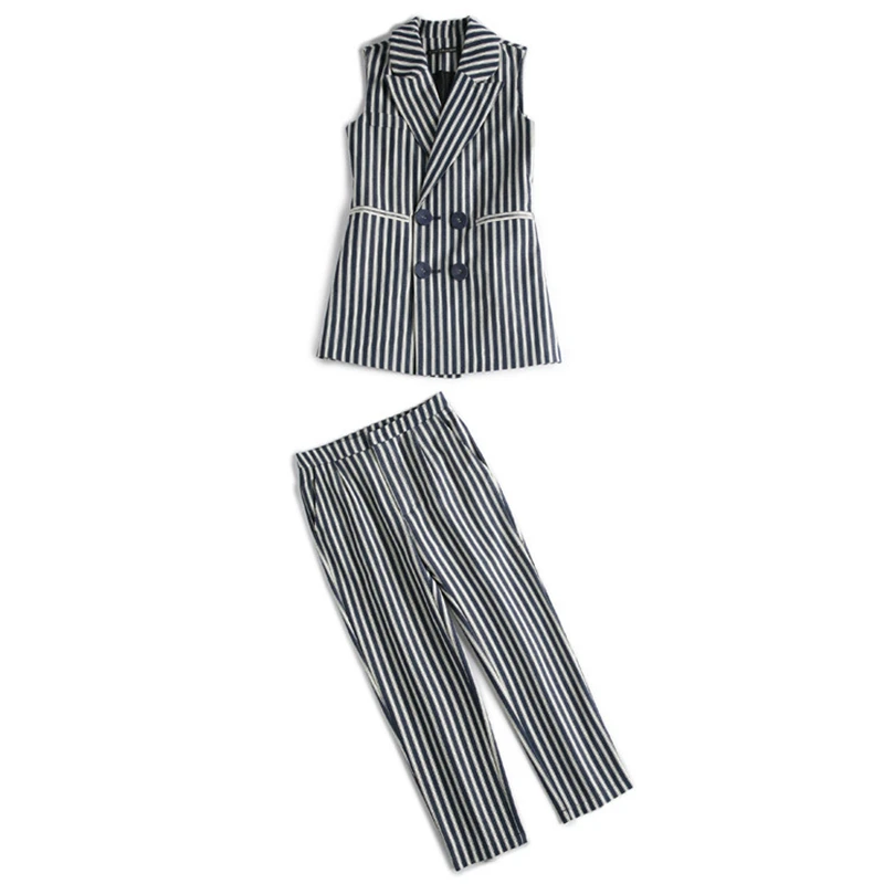 2017 Date Qualité Gris Haute Dames Echarpes Deux Gilet Col Pièces Turn De Mode Costumes Pokets Femmes down Fond Rayé qwTap