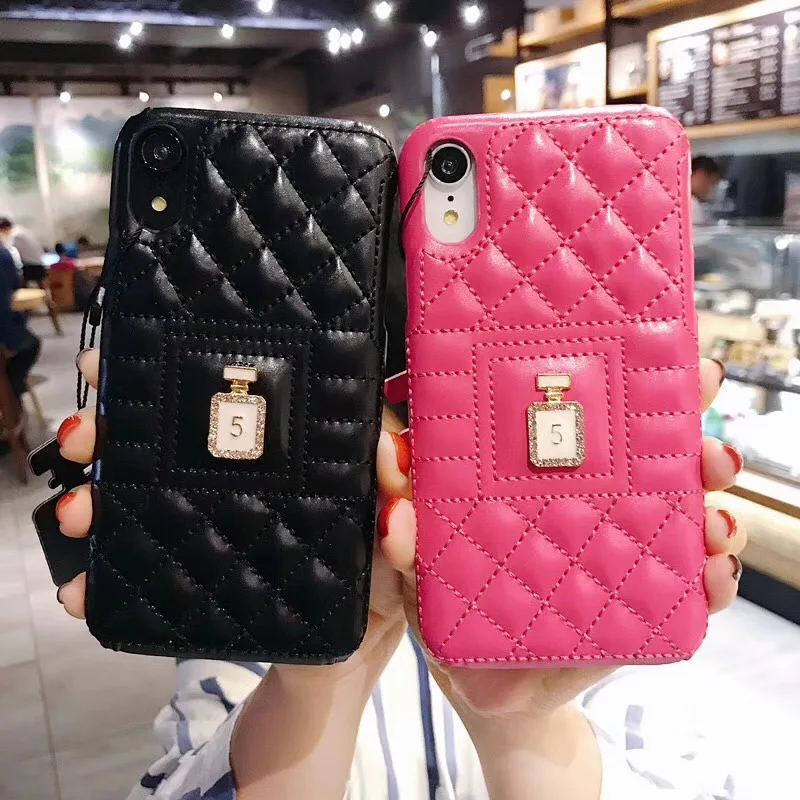 

Luxury vintage pink Square shiny diamond perfume bottle smooth leather cover case for iphone 6 7 8 plus X XR XS MAX phone cases