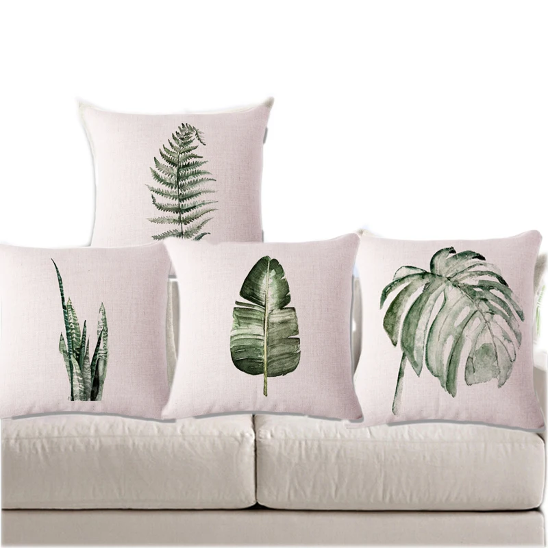 

Leaves Decorative Cushion Cover Green Capa De Almofada With Print Shabby Chic Home Decor Decorating Cojines Linen Seat Decor