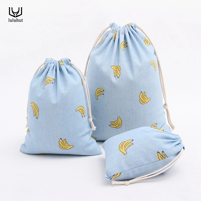 Luluhut القطن الكتان تخزين ملابس حقيبة حقيبة سفر حقيبة مع الرباط لطيف الموز طباعة الحلوى المنظم هدية ل طفل