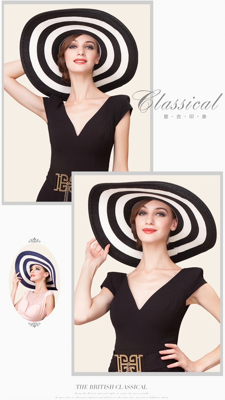 New Arrival Straw Sun Hat Women Summer Beach Sunscreen UV  Hat Girls Hat Black and White Striped Casual Sun Beach Cap B-7516