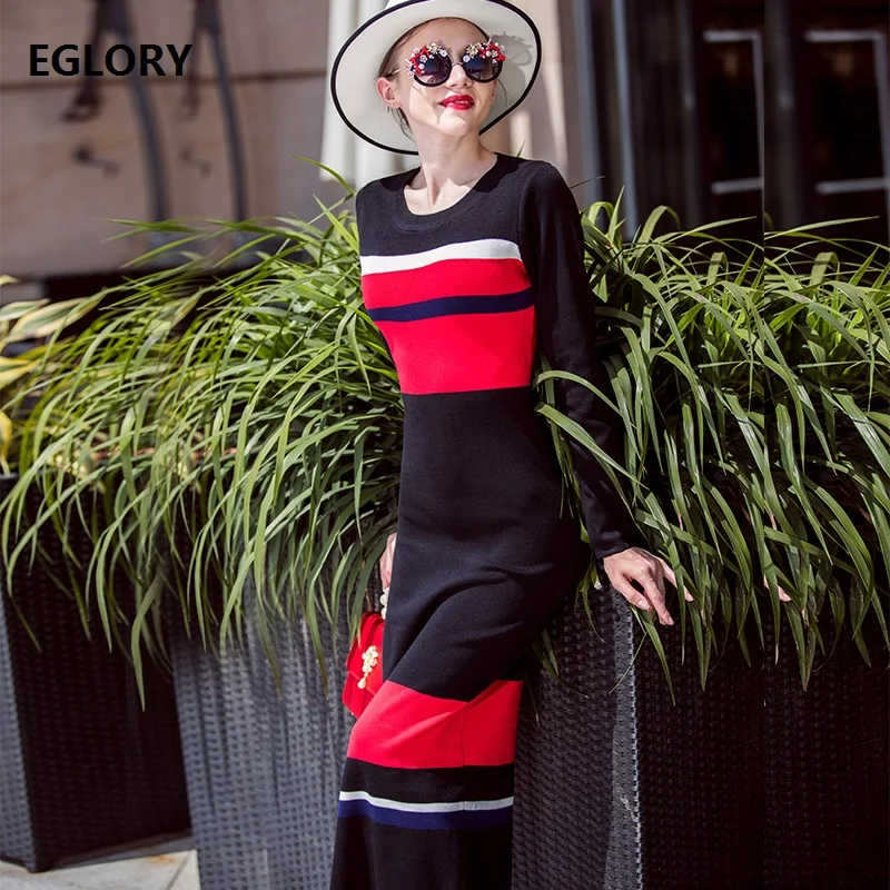 

High Quality Brand 2018 Long Dress Autumn Winter Knitted Dress Women Striped Knitting Long Sleeve Bandage Sexy Casual Dress XXL
