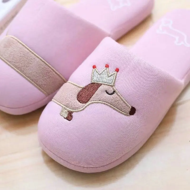 Women's Fuzzy Pink And Light Blue Dog Plush Cotton Slippers Slip On Dachshund Female Slippers