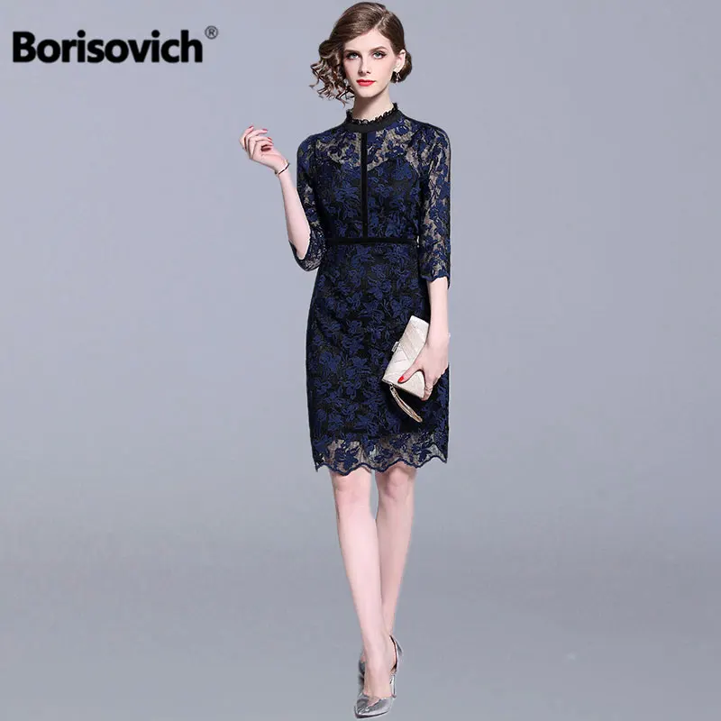 

Borisovich Office Lady Elegant Pencil Dress New Brand 2019 Spring Fashion Knee-length Women Blue Casual Lace Dresses N820